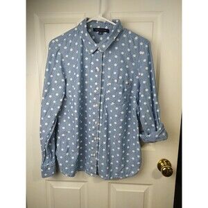 Tommy Hilfiger Woman M Blue Polka Dot Cotton Roll Tab Sleeve Button Collared...